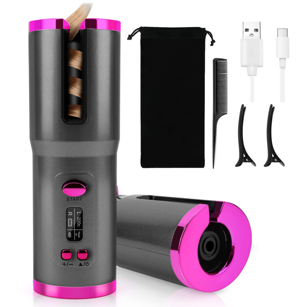 Gray Cordless Automatic Hair Curler With Lcd Display, Rechargeable Curling Wand For Long Hair Styling (Gray)