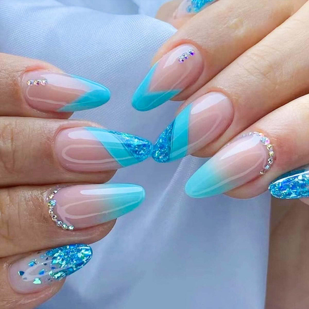 Pink Ombre Blue Rhinestone Press On Nails Medium Almond Fake Nails with Glue and Adhesive Tabs
