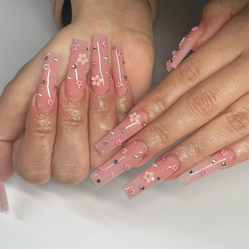 Pink Long Coffin Press On Nails Flower With Diamonds Reusable Acrylic Fake Nails For Women