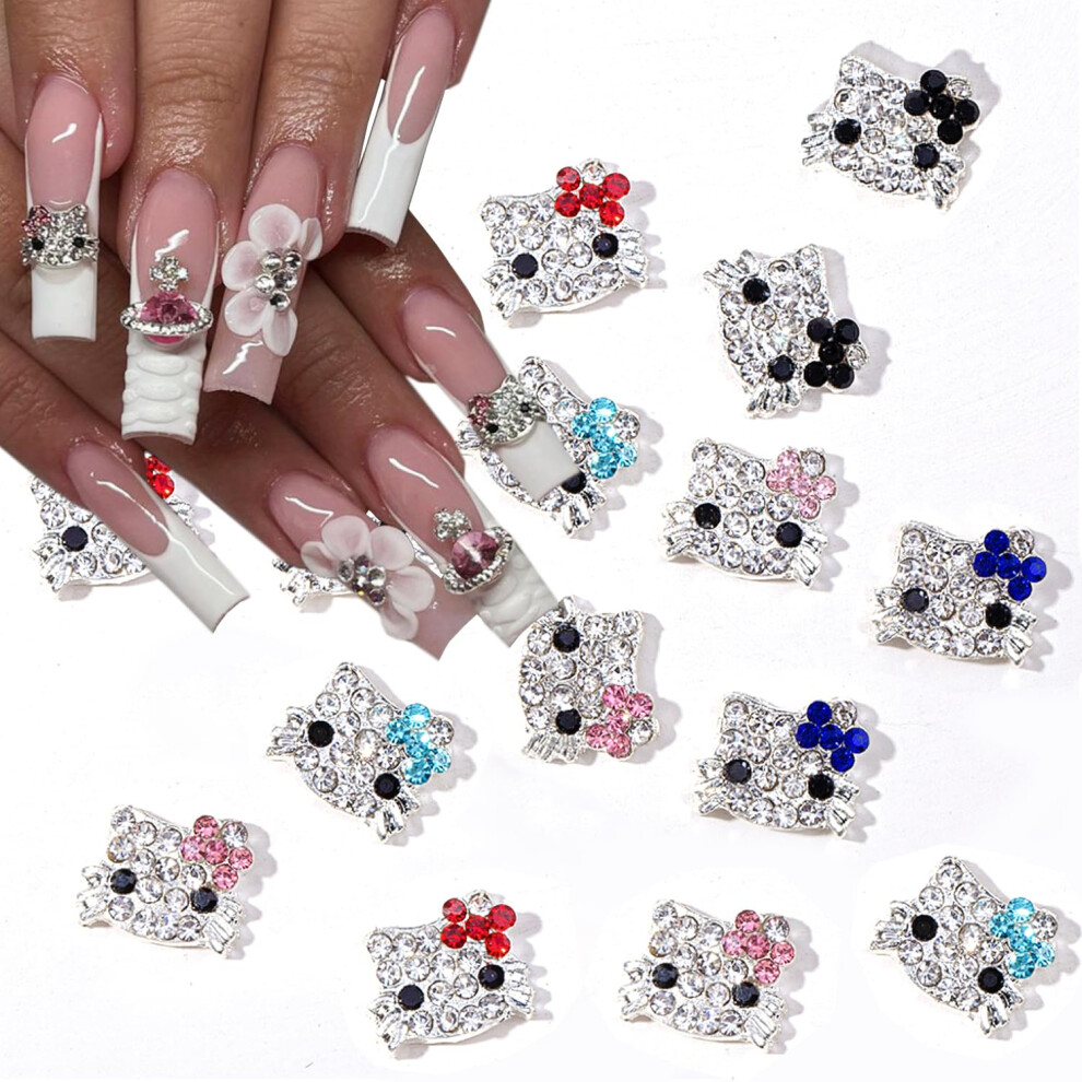 Silver 18Pcs Cute Cat Nail Charms Rhinestone 3D Alloy Nail Art Decorations With Colorful Bow