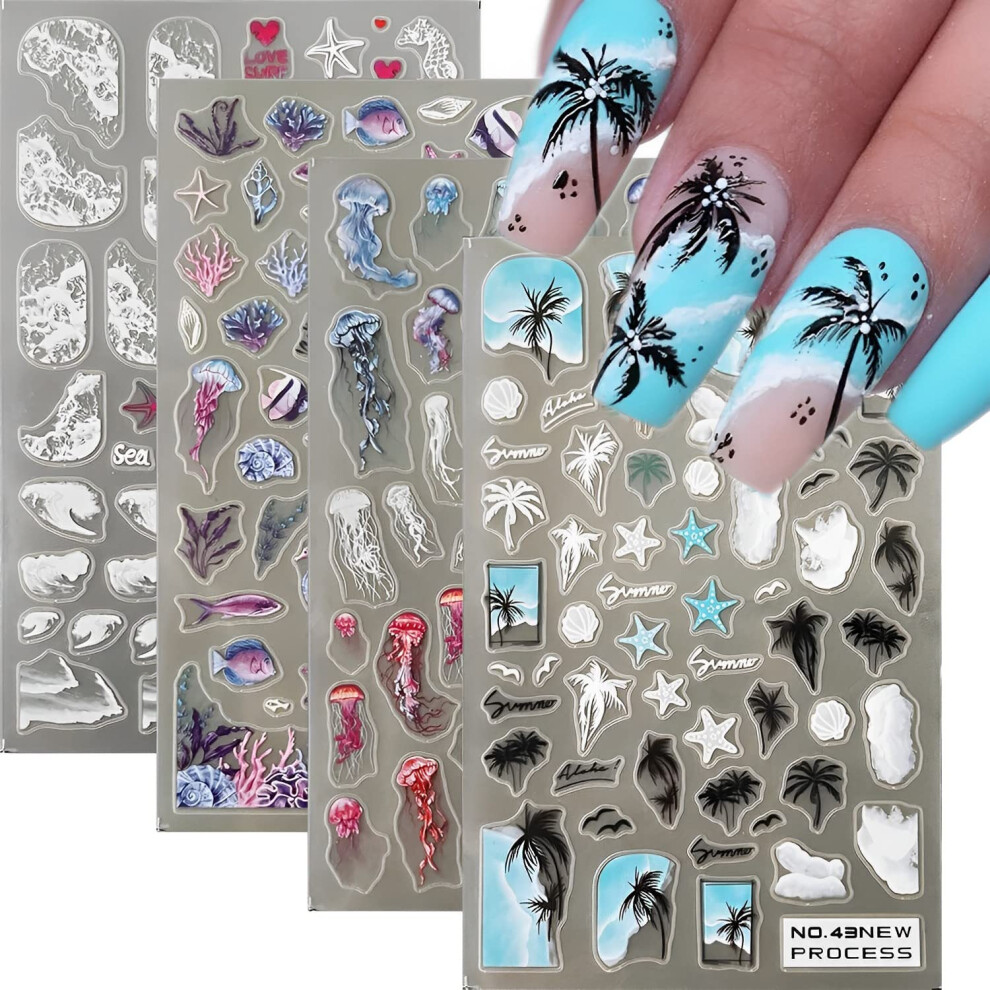 3D Nail Stickers SelfAdhesive Summer Beach Ocean Art Decals for Acrylic and Natural Nails