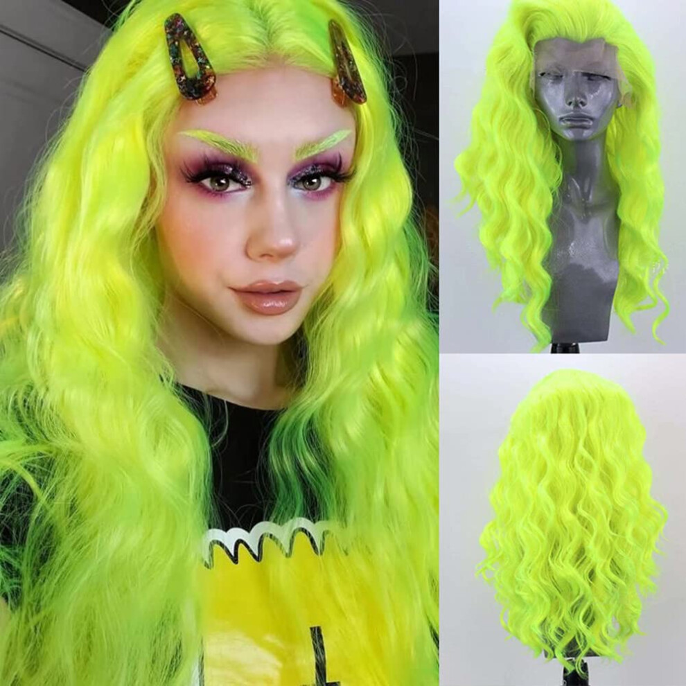 Synthetic Lace Front Wig Neon Green Body Wave Heat Resistant Hair for Women Cosplay 24 Inch