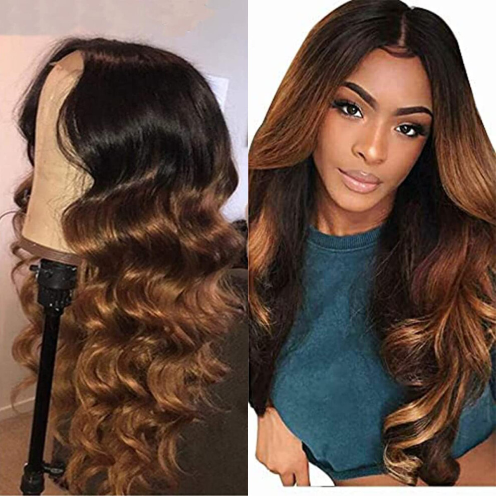 Unisex Brown Human Hair Lace Closure Wig Ombre Body Wave 4X4 Glueless Pre Plucked With Baby Hair