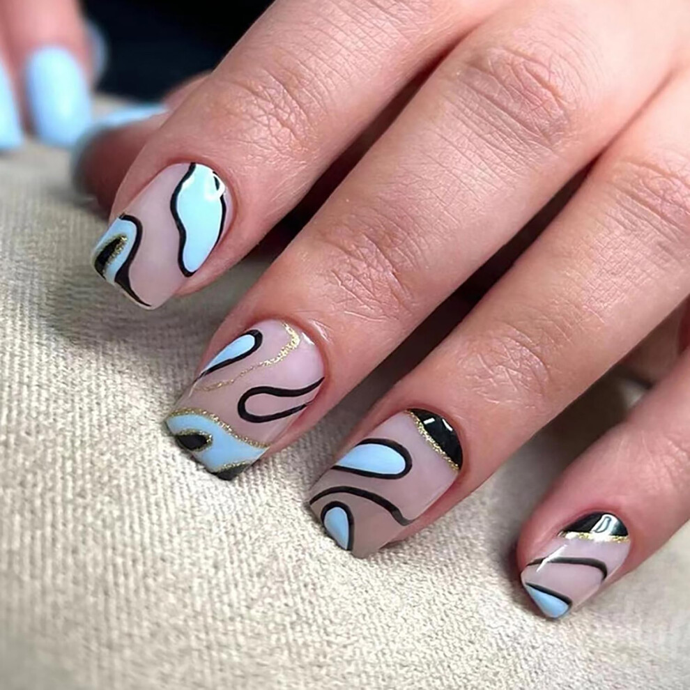 Short Press On Nails Blue and Black Swirl Design Acrylic Fake Nails Reusable Glue On for Women