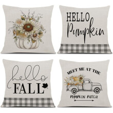 Set van 4 sierkussenhoezen voor de herfst, 45 x 45 cm, Buffalo Check & Hello Pumpkin, moderne landelijke herfstdecoratie voor thuis, veranda,