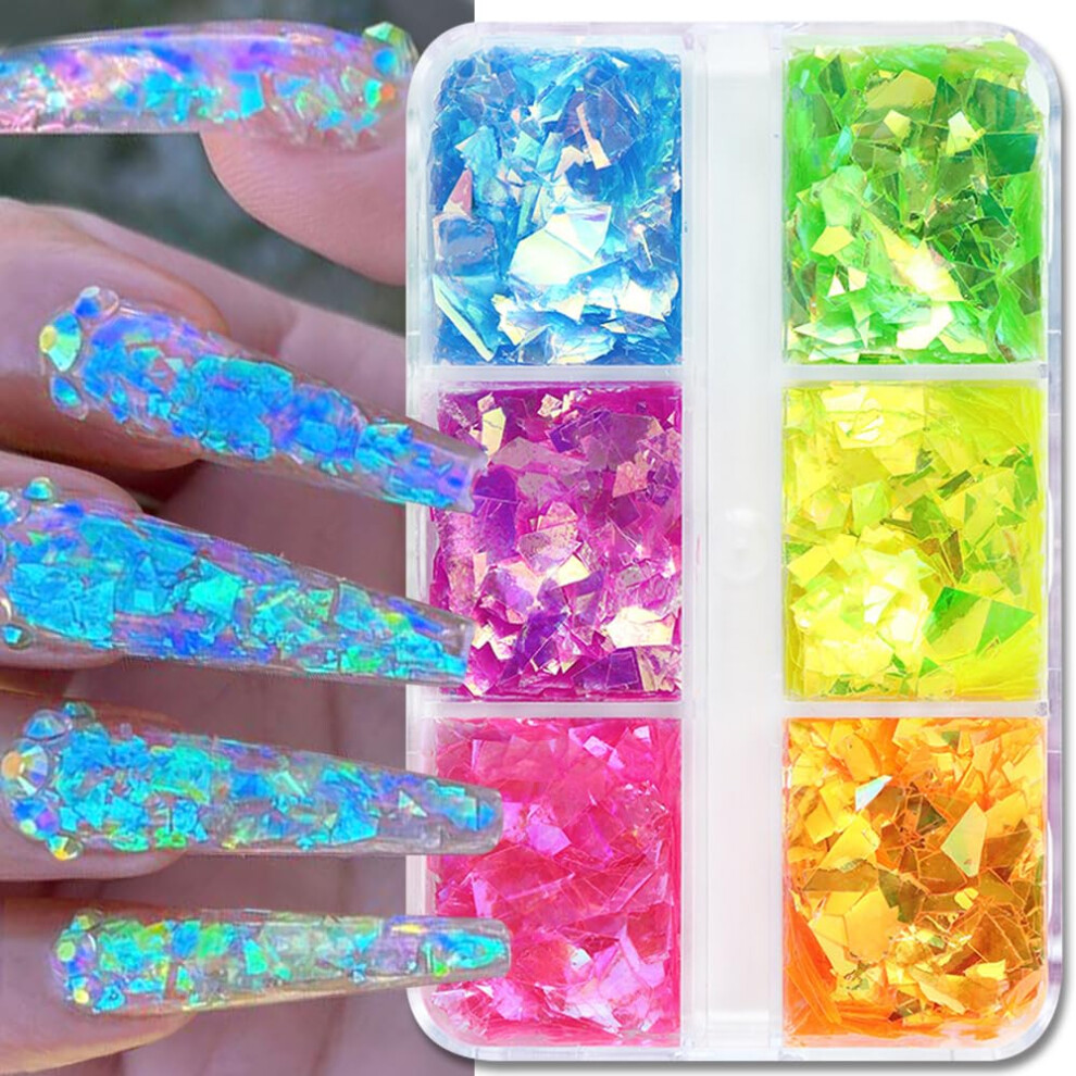 Nail Art Glitter Flakes Kit with Mermaid Effect, Irregular Chunky Sequins, 6 Colors for UV/LED Nails