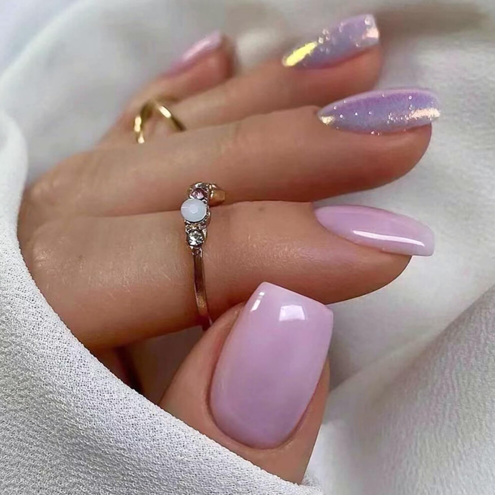 Short Square Press on Nails Light Purple with Bling Sequins, Reusable Fake Nails for Women