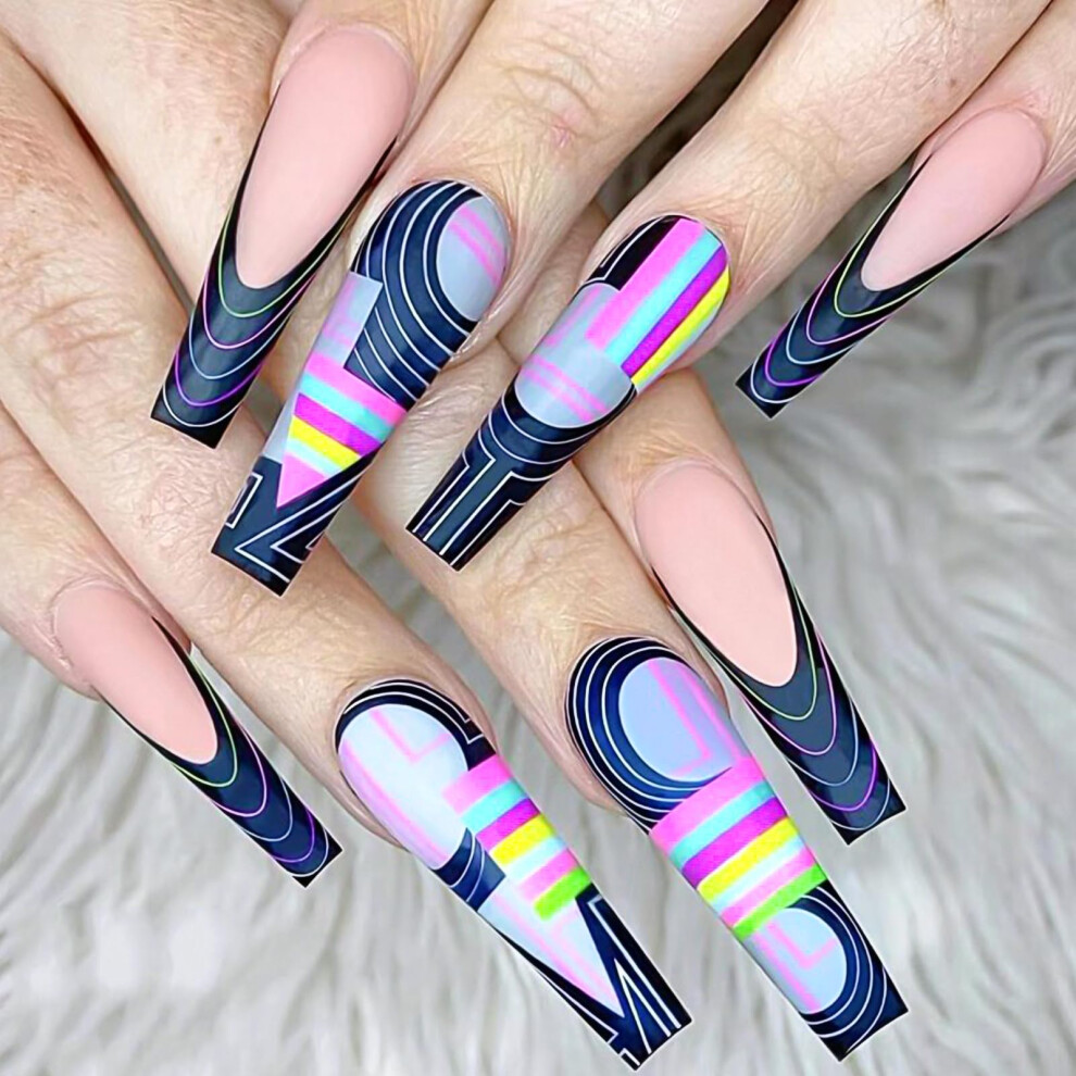Black Extra Long Coffin Press On Nails With Multicolor Swirl, Matte Finish And Rhinestones, 24 Pcs