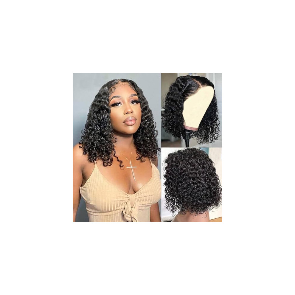 Unisex Black Glueless Human Hair Wig Curly Bob Lace Front With Pre Plucked Deep Wave 4X4 Lace Closure For Women