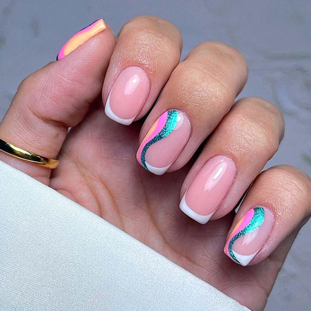 Press on Nails French Square Almond Acrylic False Nails with Colorful Stripes, 24pcs Short Nude