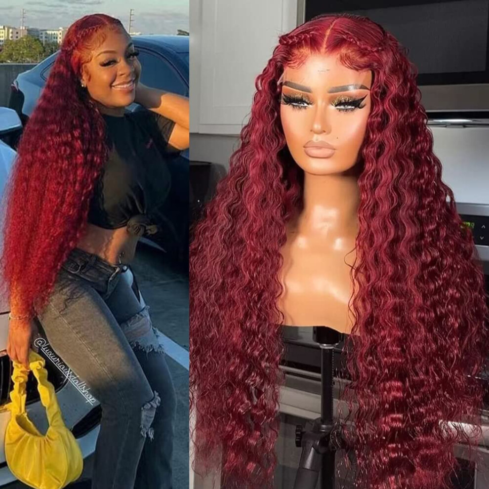 Burgundy Water Wave Lace Front Wig for Women, Natural Hairline, Heat Resistant Synthetic Hair