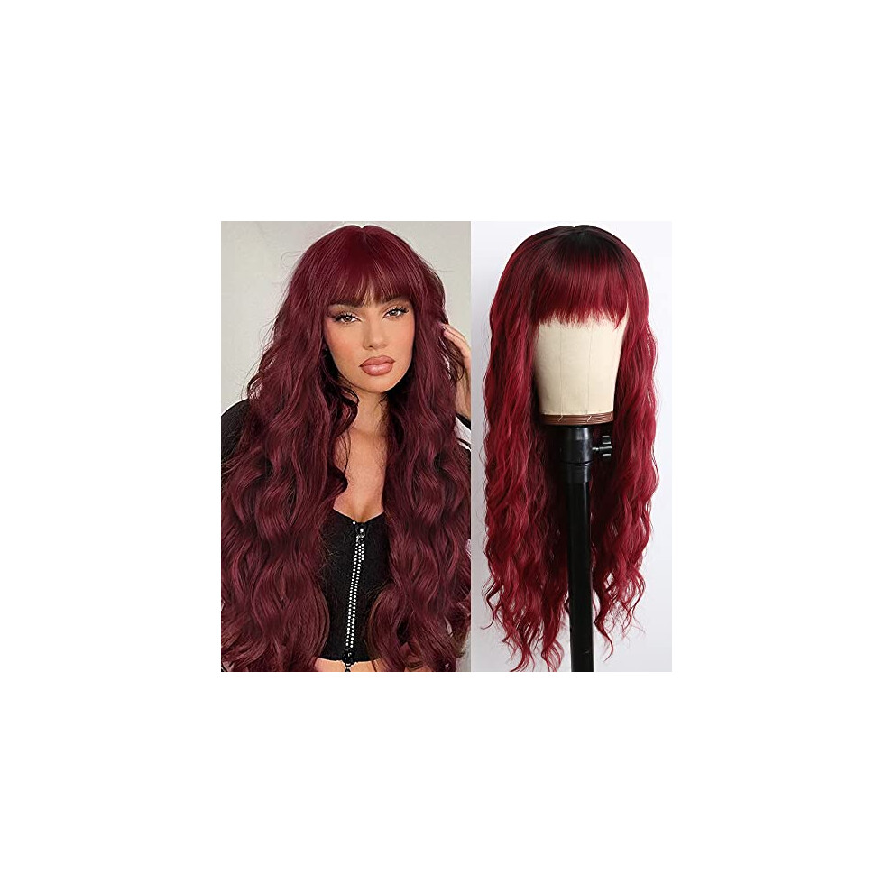 Unisex Black,Red 24 Inch Wavy Wine Red Wig With Bangs, Synthetic Burgundy With Black Roots, Heat Resistant For Women