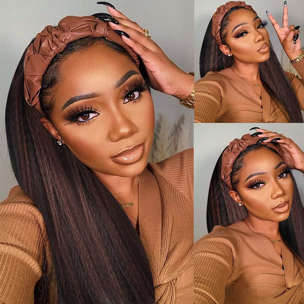 Unisex Brown Headband Wig For Women 24 Inch Synthetic Yaki Straight Noglue Easy Wear Naturallooking