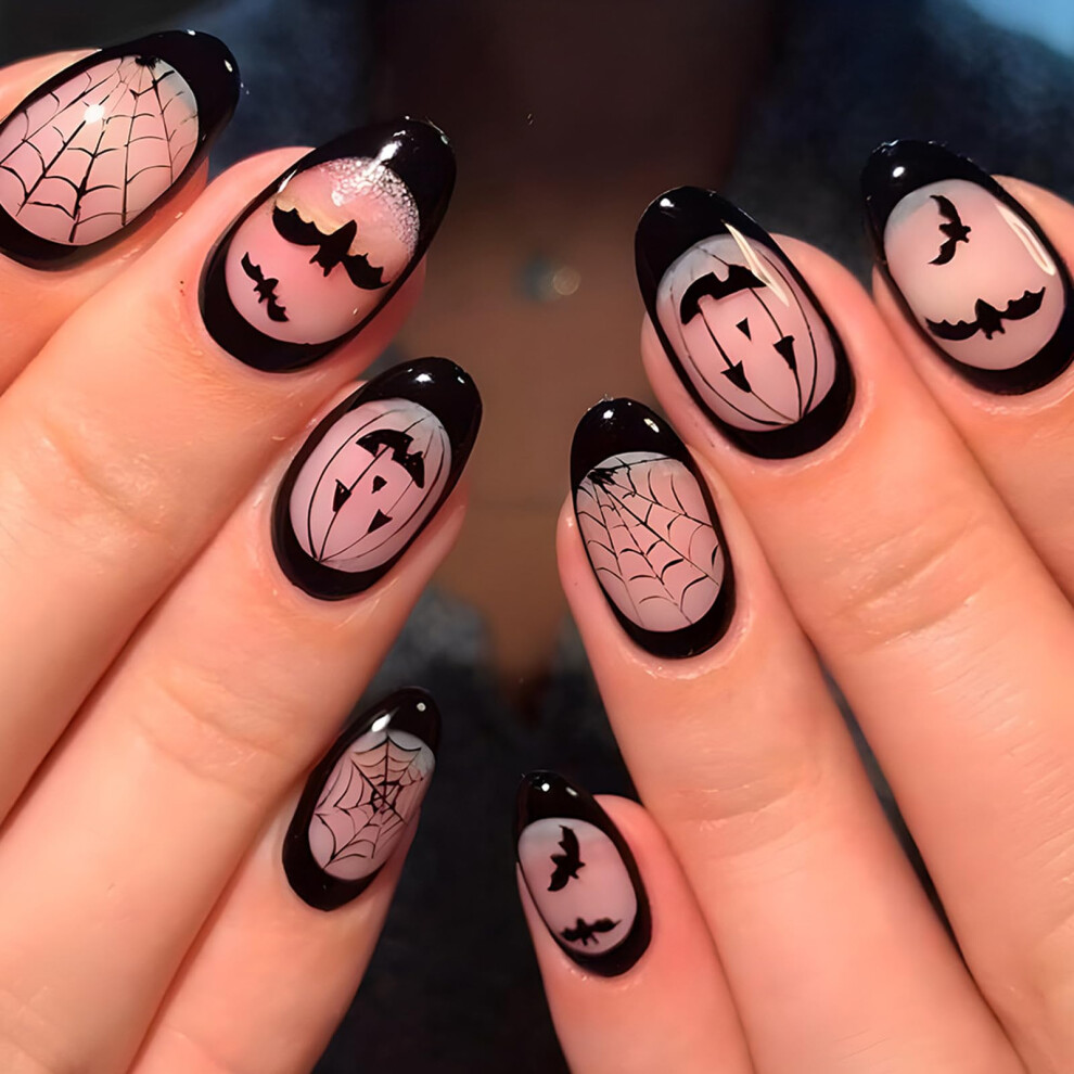 Halloween Press On Nails Short Almond Acrylic Fake Nails with Pumpkin Bat Spider Web Designs 24Pcs