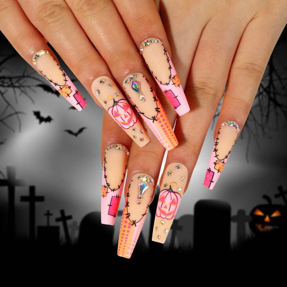 Halloween Press On Nails Coffin Shape Long Matte Pumpkin Rhinestone Acrylic Tips 24PCS Reusable