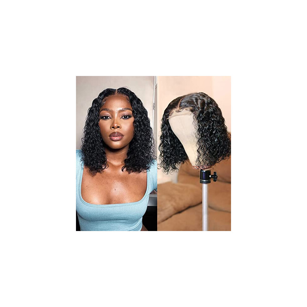 Unisex Deep Wave Bob Wig 4X4 Lace Closure Brazilian Virgin Human Hair 150% Density Glueless 16 Inch