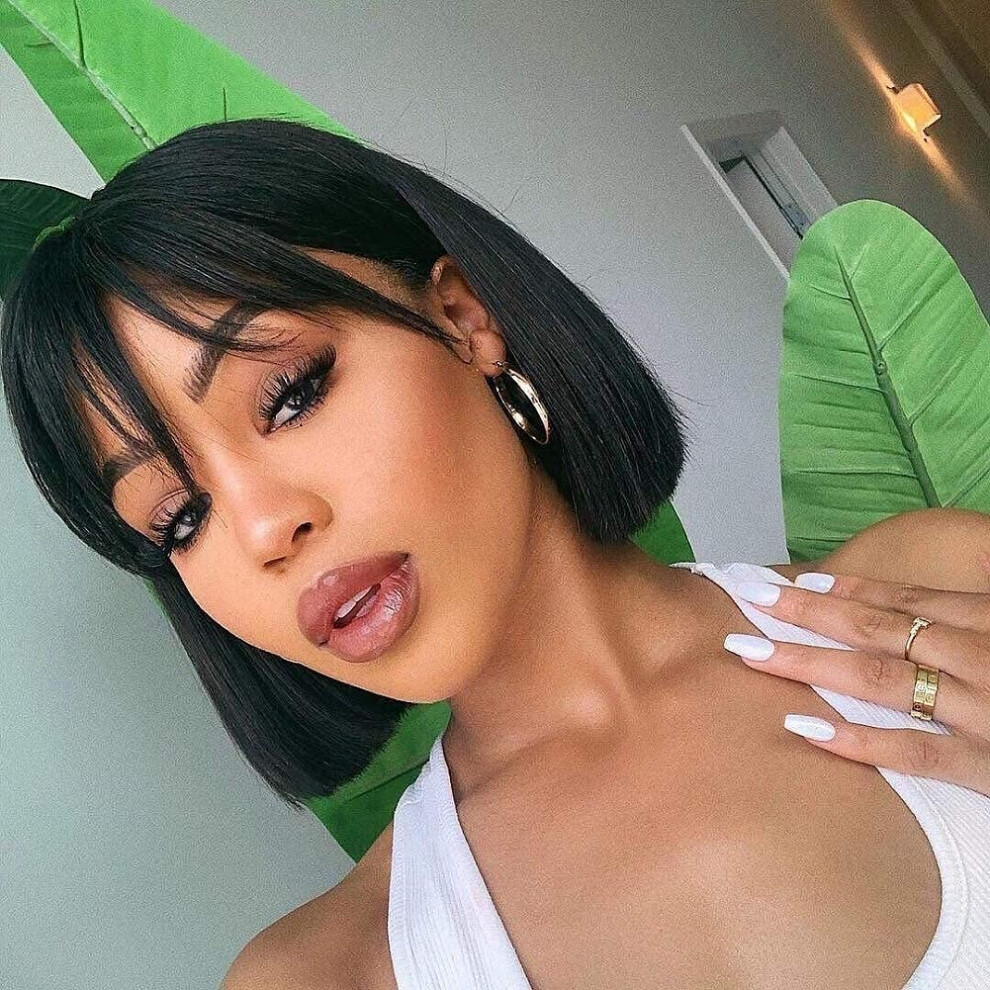 Unisex Black Bob Wig With Bangs Brazilian Virgin Human Hair 10 Inch Glueless For Women Off