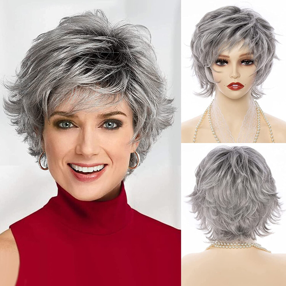 Unisex Gray Short Pixie Cut Wig With Bangs, Ombre 10 Inch Layered Wavy Synthetic Wig For Older Women