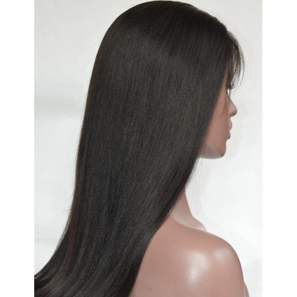 Unisex Black Human Hair Lace Front Wig Yaki Straight Glueless Brazilian Remy For Women With Baby Hair Natural 1B 14 Inch