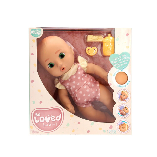 Boneca realista de bebê, 38 cm, com roupinha rosa e acessórios.