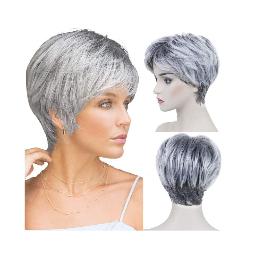 Gray Wig for Women, Short Silver Gray with Black Gradient, HeatResistant Natural Hair Look