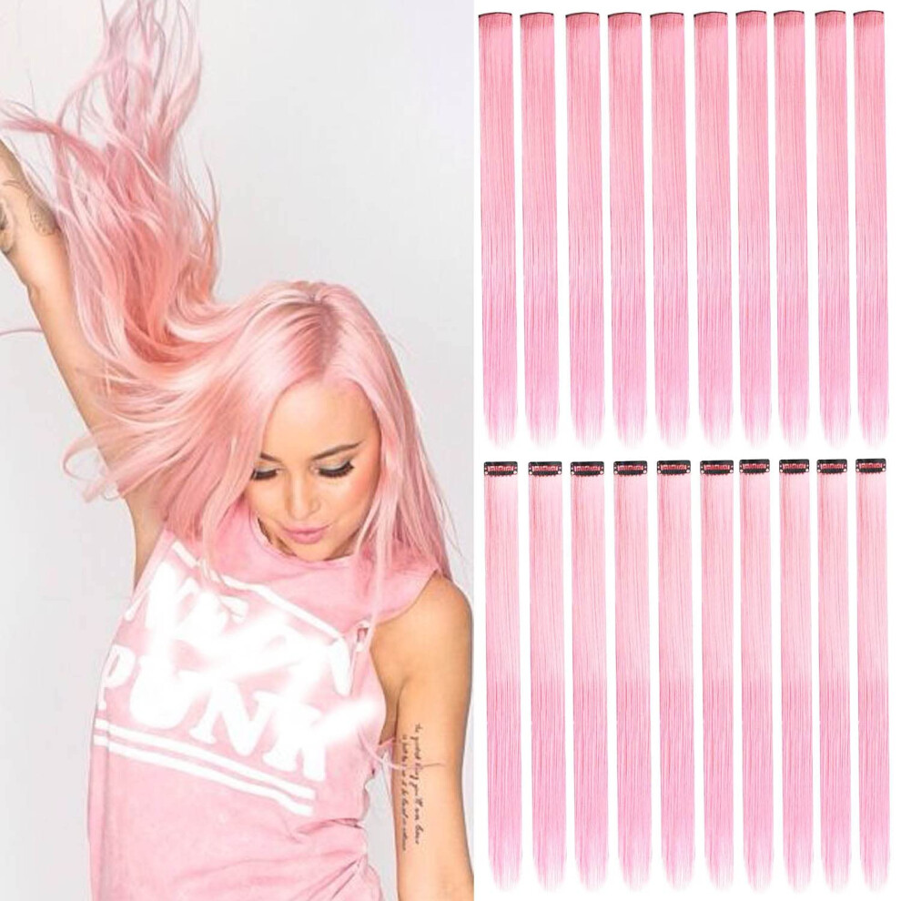Unisex Pink Light Clip In Hair Extensions 22 Inch Synthetic Straight Hairpieces For Party Highlights