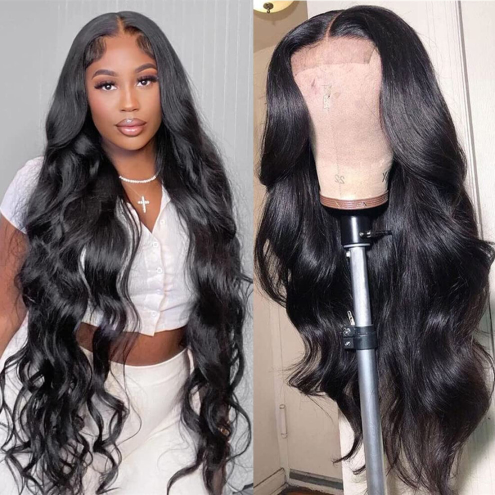 Unisex Black Body Wave Lace Closure Wig 4X4 Brazilian Virgin Human Hair Pre Plucked Glueless 150% Density Natural Hairline For Women