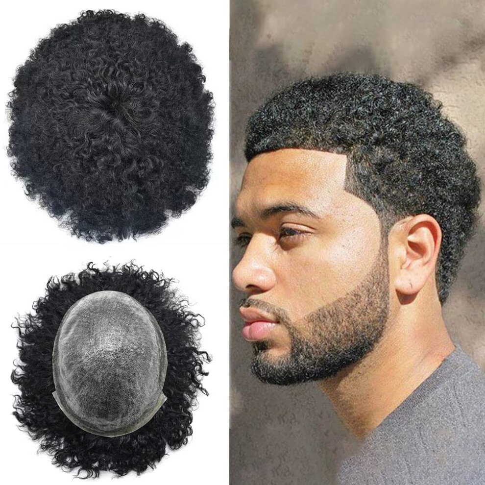 Unisex Black Afro Toupee For Men Brazilian Remy Human Hair 360 Wave Poly Skin Hairpiece 8X10 1B#