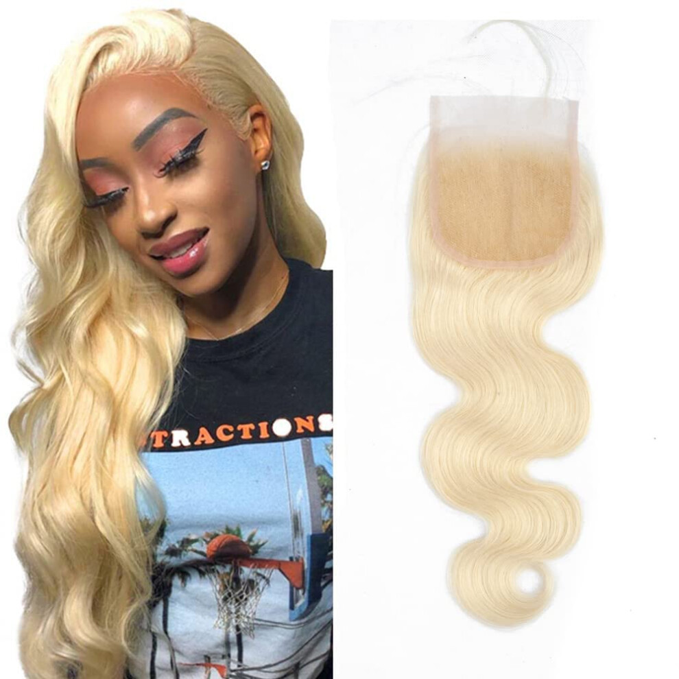 Unisex 613 Lace Closure 4X4 Body Wave Brazilian Virgin Hair, 16 Inch Blonde, Preplucked Transparent Lace