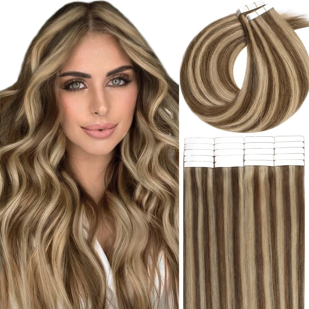 Unisex Brown 18 Inch Tape In Human Hair Extensions Chocolate To Light Golden Remy For Seamless Blend