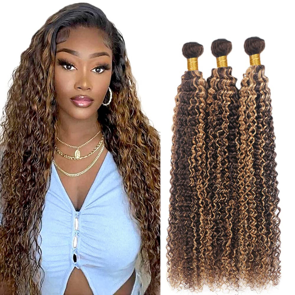 Unisex Brown P4/27 Ombre Brazilian Kinky Curly Human Hair Bundles Blonde Highlight Weaves 12 14 16 Inch