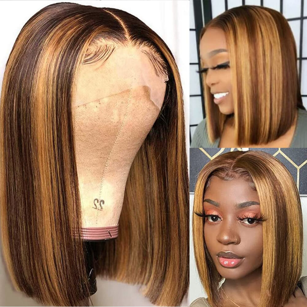 Unisex Bob Wig Human Hair Honey Blonde Ombre 13X4 Lace Front Pre Plucked 150% Density Virgin Brazilian