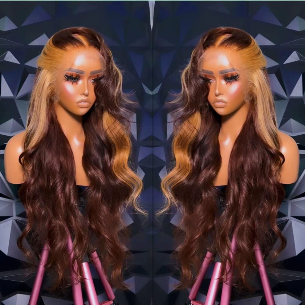30 Inch Human Hair Lace Front Wig Body Wave Ombre Honey Blonde Highlight 13x4 HD Lace Glueless