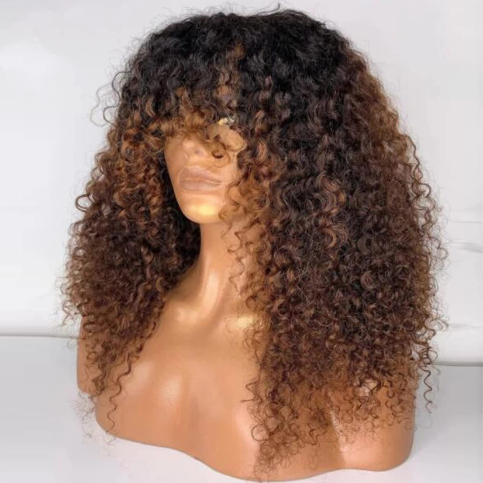 Unisex Black Ombre Curly Human Hair Wig With Bangs, Brazilian Remy 16 Inch 180% Density For Women