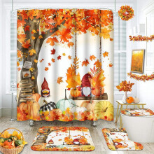 Badkamerset met aquarel gouden pompoenen - Douchegordijn en vloerkleden, blauw-oranje herfstdecoratie, 4 stuks
