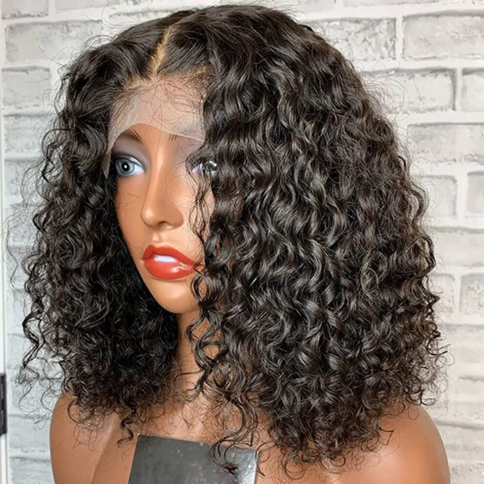 Unisex Black Human Hair Lace Front Wig 13X6 Curly Bob 10 Inch 180% Density Pre Plucked Glueless For Women