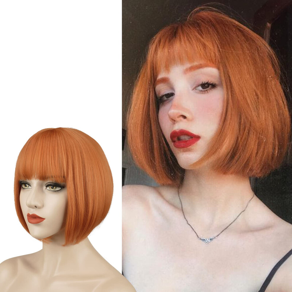 Bob Wig with Bangs Short Straight 11 Inch Vibrant Orange Synthetic Hair for Black Women