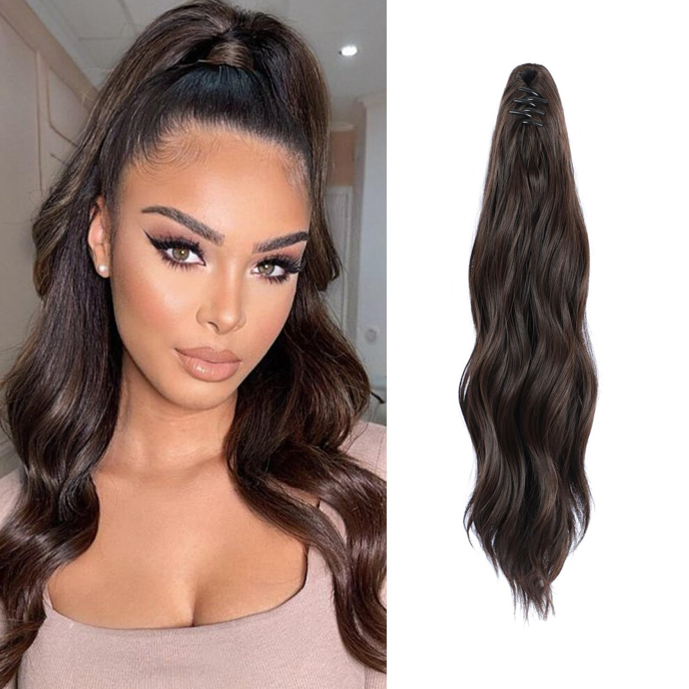 Unisex Brown 16 Inch Wavy Claw Clip Ponytail Extension Dark Synthetic Hairpiece With Instant Volume Boost