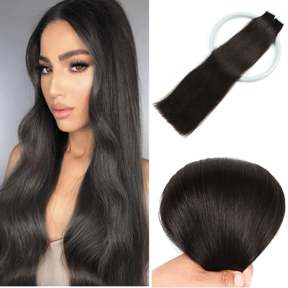 Unisex Black Tape In Hair Extensions 16 Inch Natural Brazilian Remy Human Hair Straight 50G 20Pcs