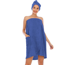 Women's Adjustable Towel Wrap with Pocket and Hair Towel Set for Bath Spa Shower Gym Blue S/M