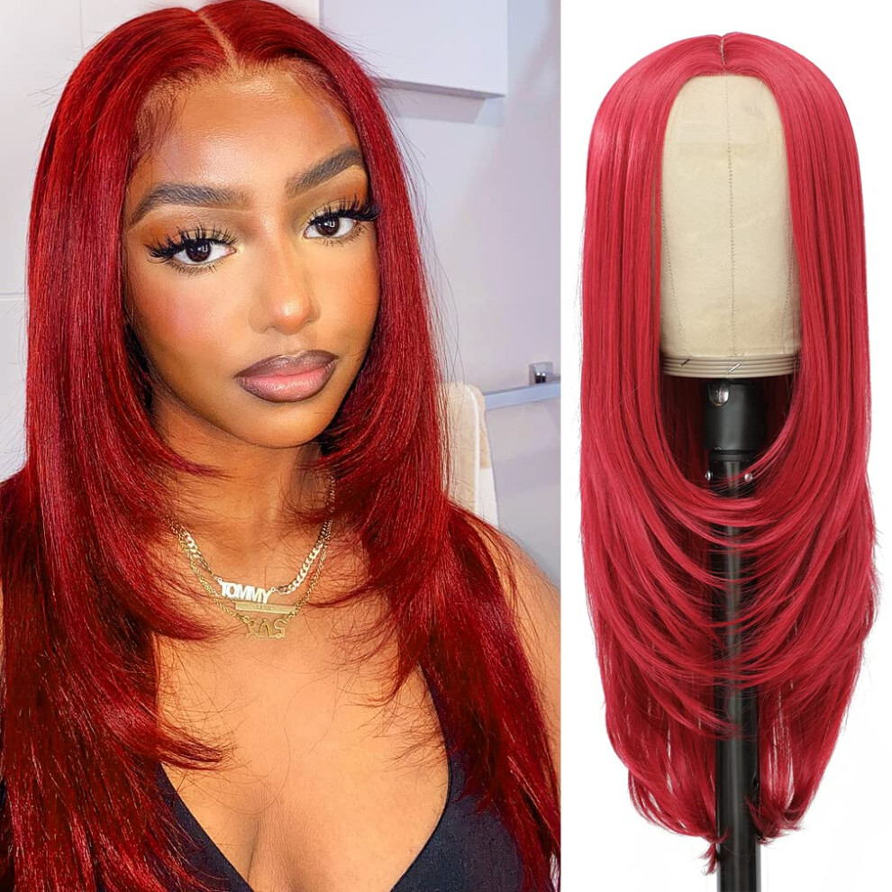99J Burgundy Lace Front Wig 26 Inch Heat Resistant Synthetic Straight Wig with Natural Hairline