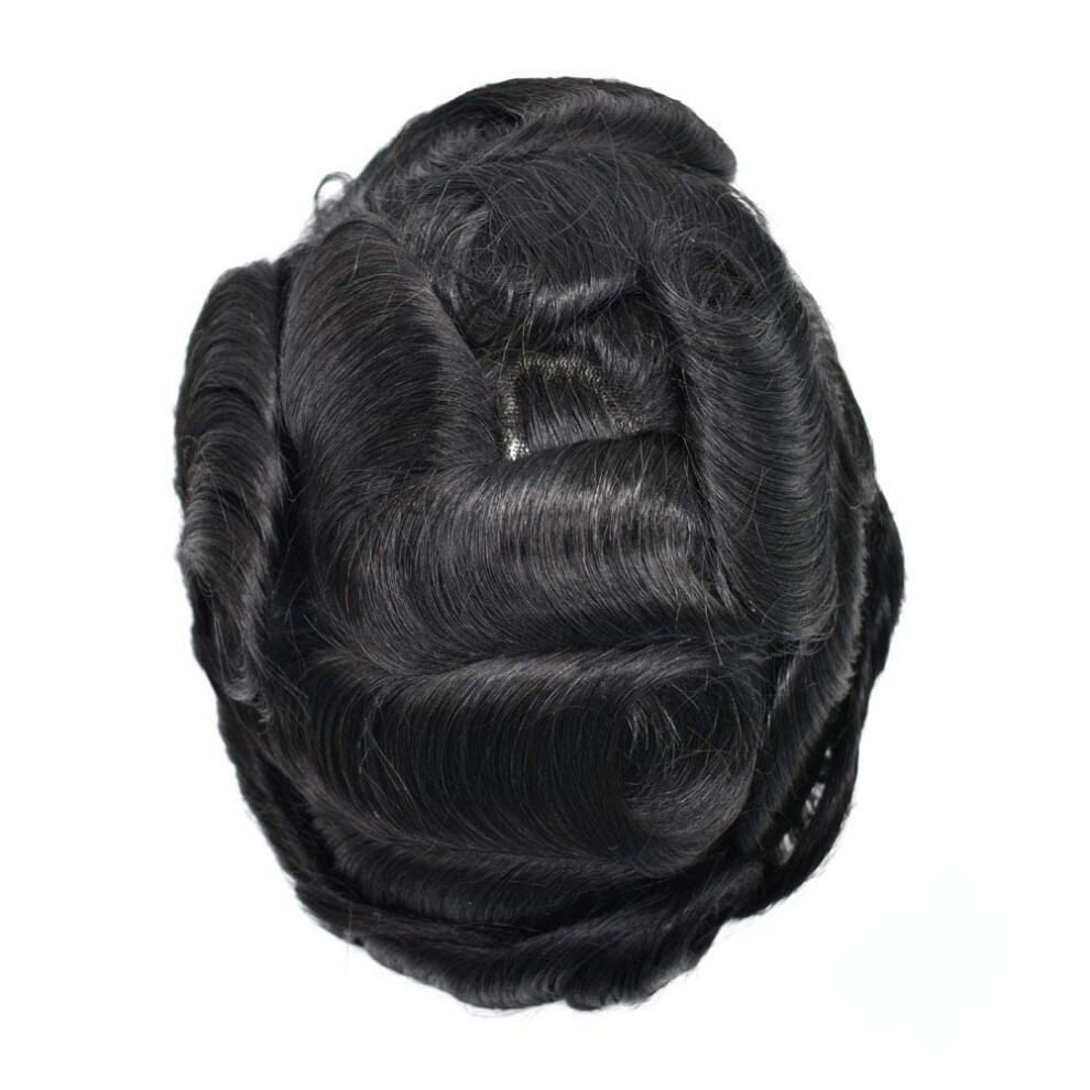 Unisex Black Mens Toupee Human Hair Thin Skin Base Hairpiece For Men Jet Invisible Hairline 10X8