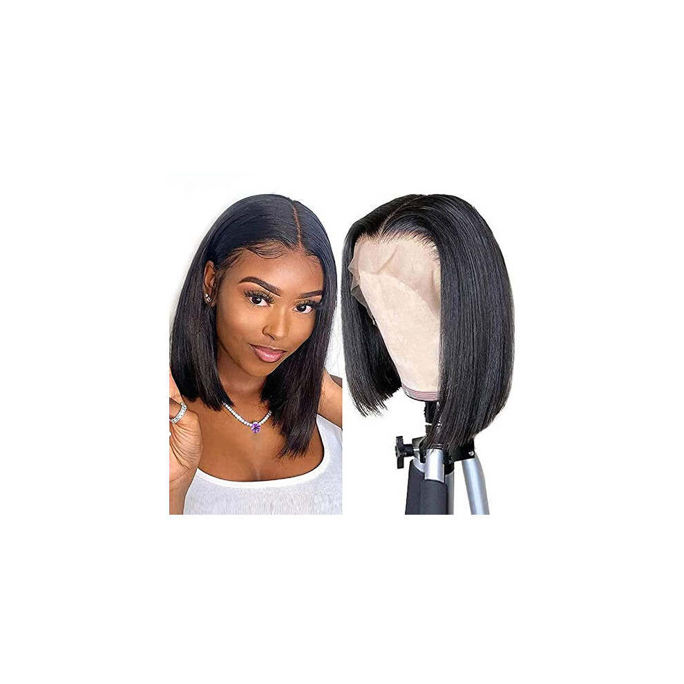 Unisex Black Human Hair Lace Front Wig Brazilian Straight Bob 13X4x1 150 Density Natural 8 Inch