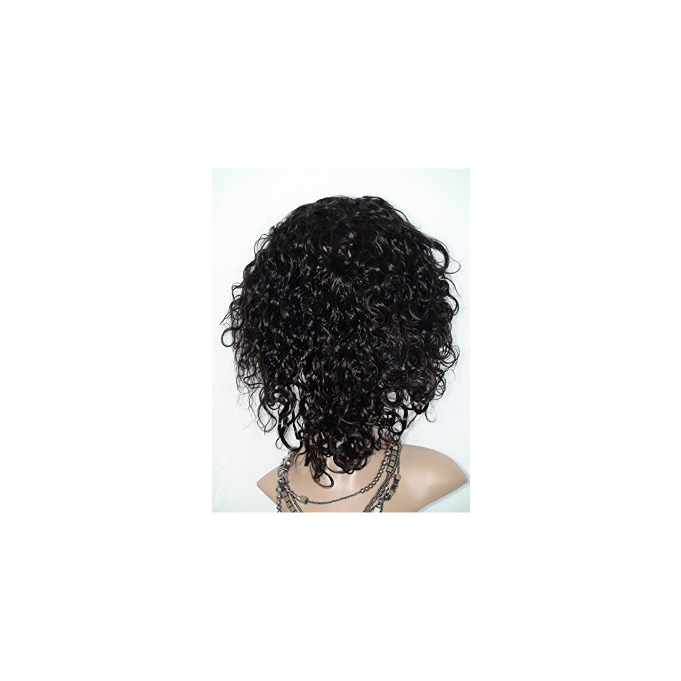 Unisex Black 8 Inch Curly Human Hair Full Lace Wig Off #1B Cambodian Virgin Remy Tangle