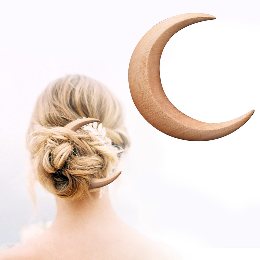 Unisex Wooden Crescent Moon Hair Stick For Thick Long Hair, Hand Carved Hair Fork For Bun Styling