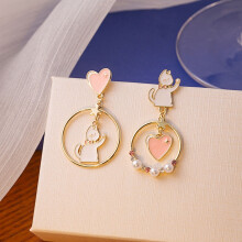 1 Pair Stud Earrings Japan Korea Style Hollow Ring Rhinestone Faux Pearl Gift Fun Cartoon Cat Love Heart Girls Drop