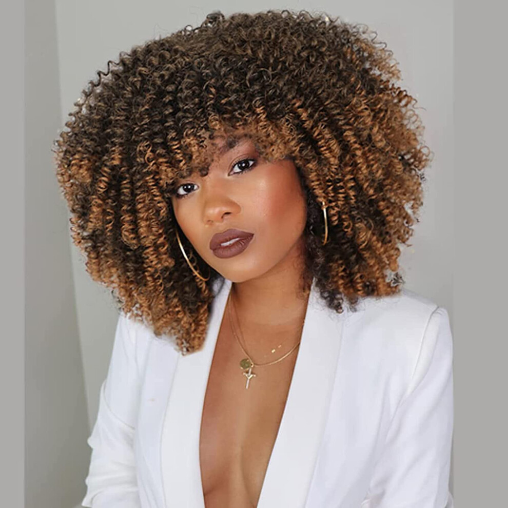 Unisex Brown Short Curly Afro Wig With Bangs Ombre Dark Kinky Curls Heat Resistant Glueless Full Cap