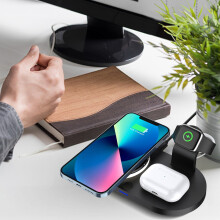 Lmueinov4-i-1 trådløs opladningsstander til iOS, 15W hurtigopladning kompatibel med ur og headset, bordtelefonholder
