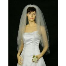 Two Tier Fingertip Length Wedding Veil with White Rhinestone Trim, 36 Inch Layered Tulle for Bride