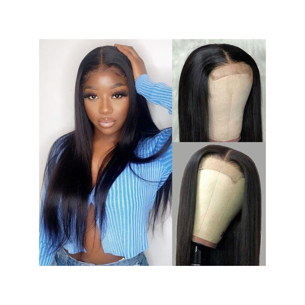 Unisex Human Hair Lace Front Wig Brazilian Straight 4X4 Lace Closure Pre Plucked 180 Density 16 Inch